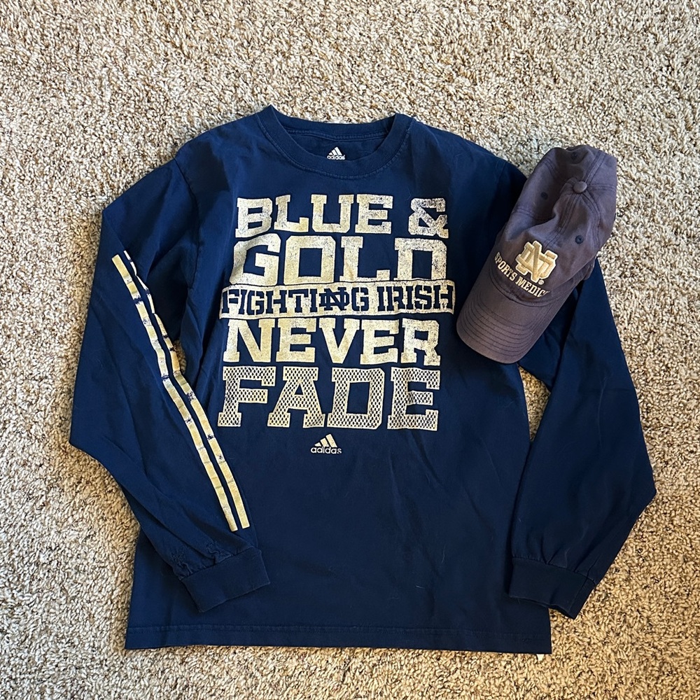 ☘️Adidas Notre Dame Navy & Gold Long Sleeve Tee and ND Sports Medicine Cap